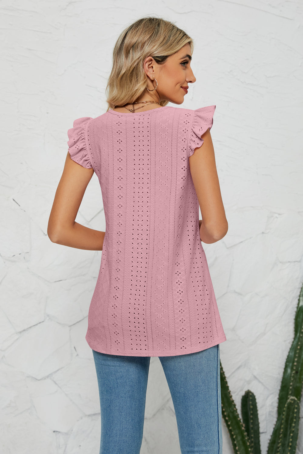 Smocked Round Neck Eyelet Top Fitggins