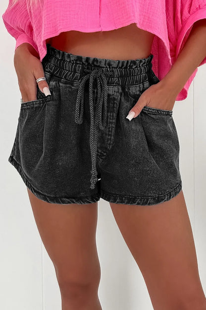 Drawstring High Waist Denim Shorts with Pockets Black Fitggins
