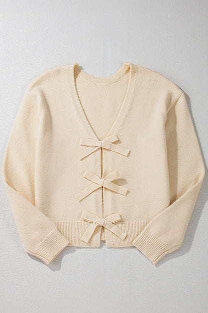 Bowknot Front V Neck Long Sleeve Sweater Fitggins