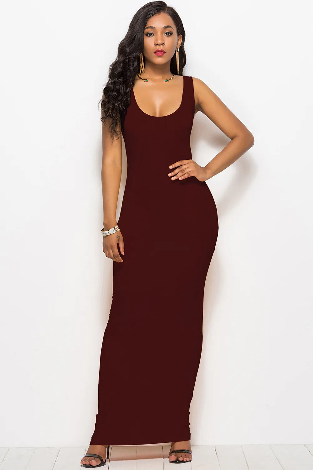 Scoop Neck Wide Strap Maxi Dress Burgundy Fitggins
