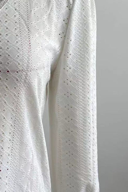 Eyelet V-Neck Flounce Sleeve Blouse Fitggins