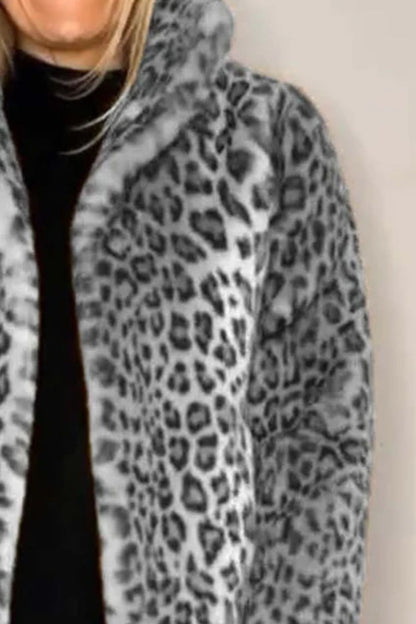 Full Size Leopard Furry Collared Neck Long Sleeve Coat - Jackets - FITGGINS