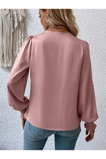 Surplice Smocked Lantern Sleeve Blouse - Blouses - FITGGINS