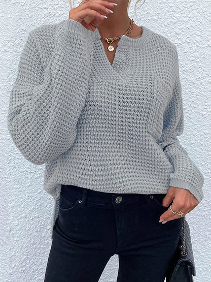 Notched Long Sleeve Sweater Cloudy Blue Fitggins