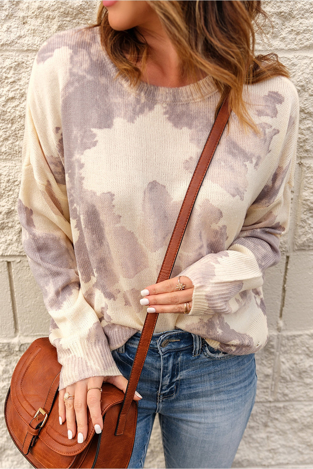 Tie-Dye Distressed Round Neck Sweater - Pullover Sweaters - FITGGINS