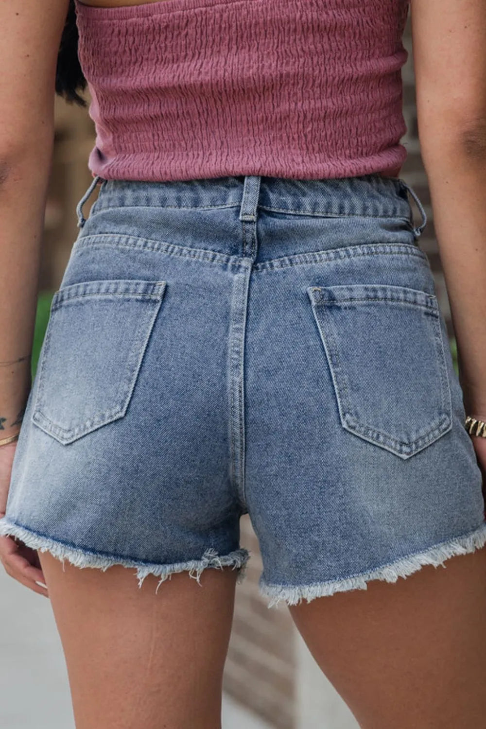 Pearl Beaded Raw Hem Wash Denim Shorts Fitggins
