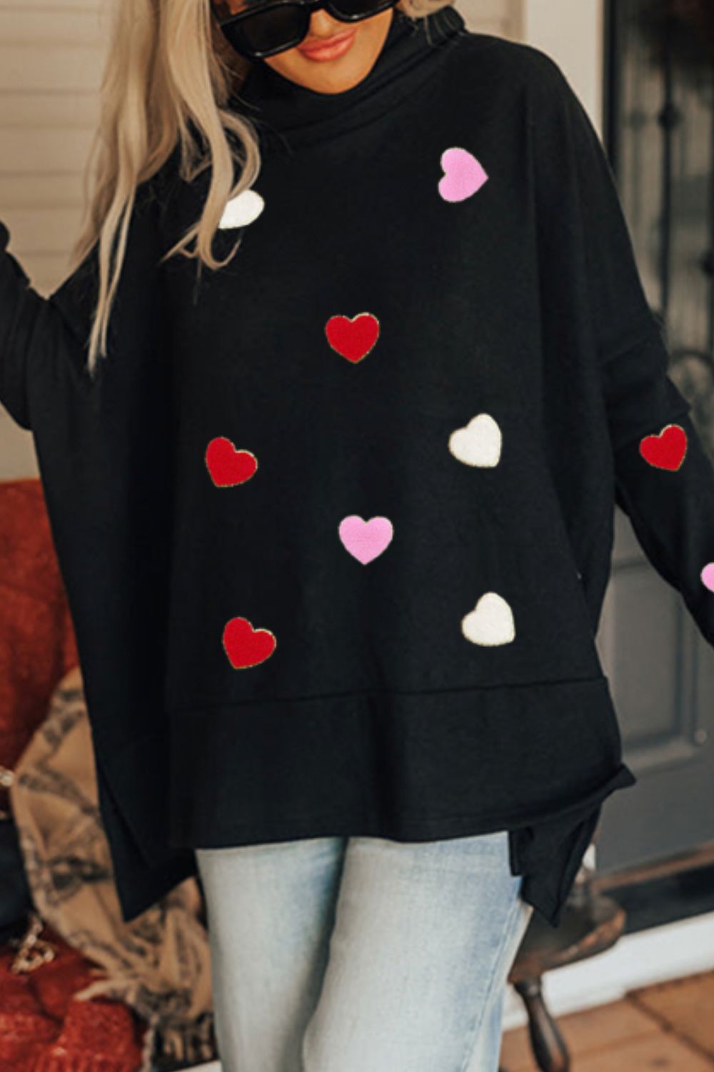 Valentine’s Day Heart Patched Turtleneck Long Sleeve Top - Sweatshirts & Hoodies - FITGGINS