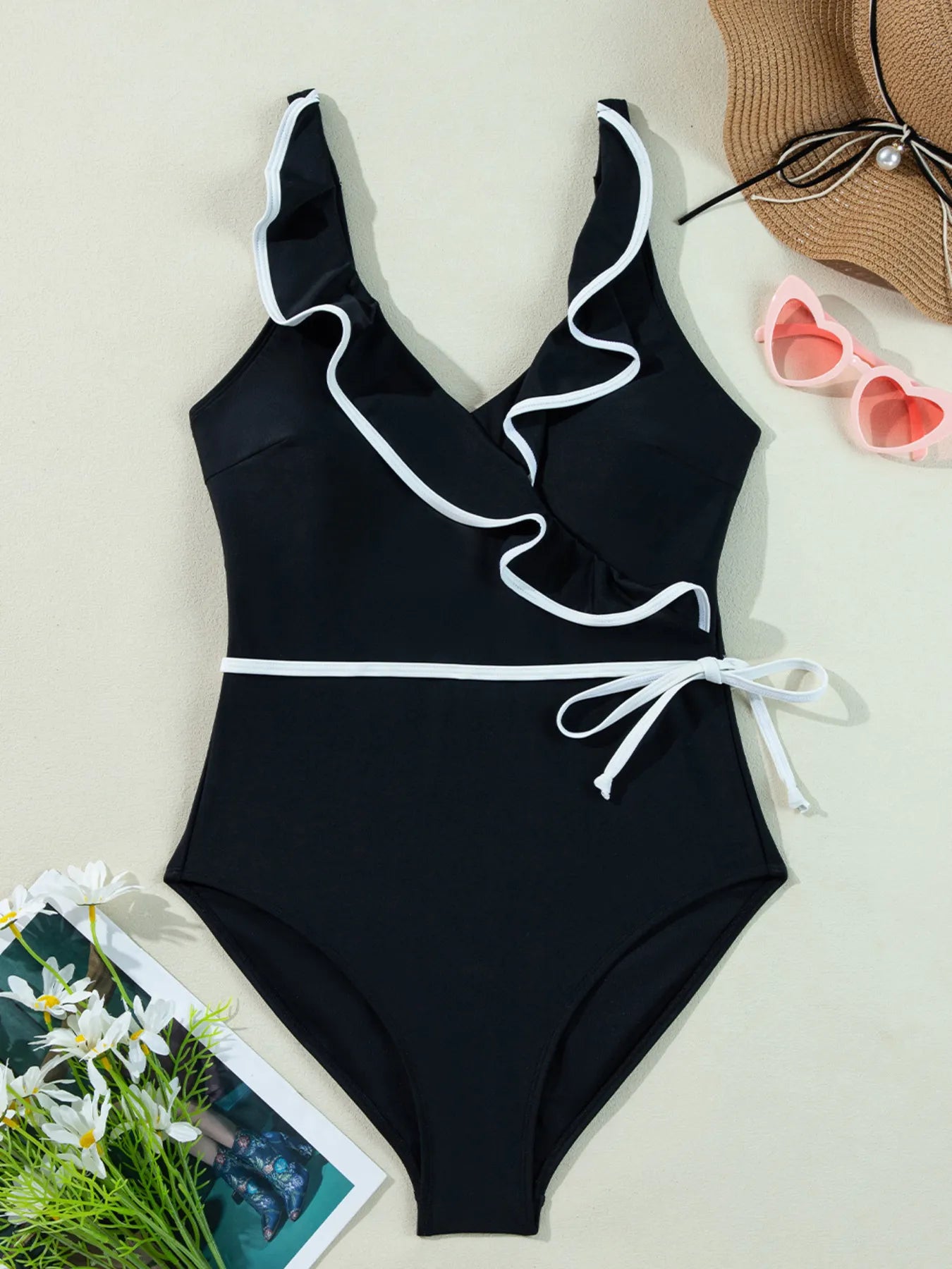Ruffle Trim V-Neck One-Piece Swimsuit Fitggins