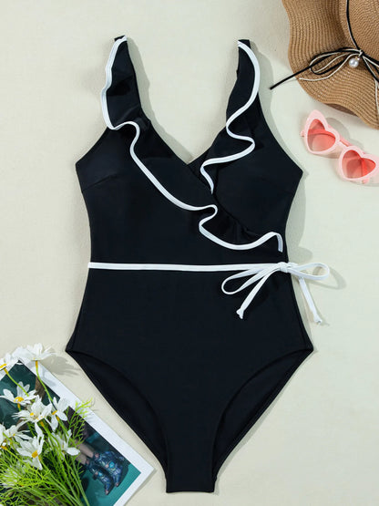 Ruffle Trim V-Neck One-Piece Swimsuit Fitggins