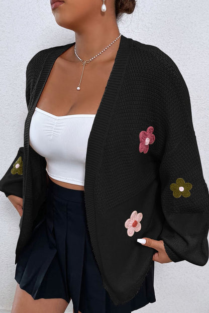 Floral Applique Drop Shoulder Open Front Cardigan - Cardigans - FITGGINS