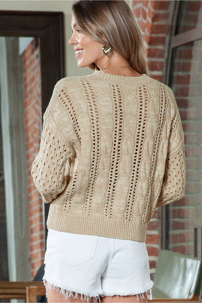 Full Size Openwork Cable-Knit Round Neck Knit Top - Pullover Sweaters - FITGGINS