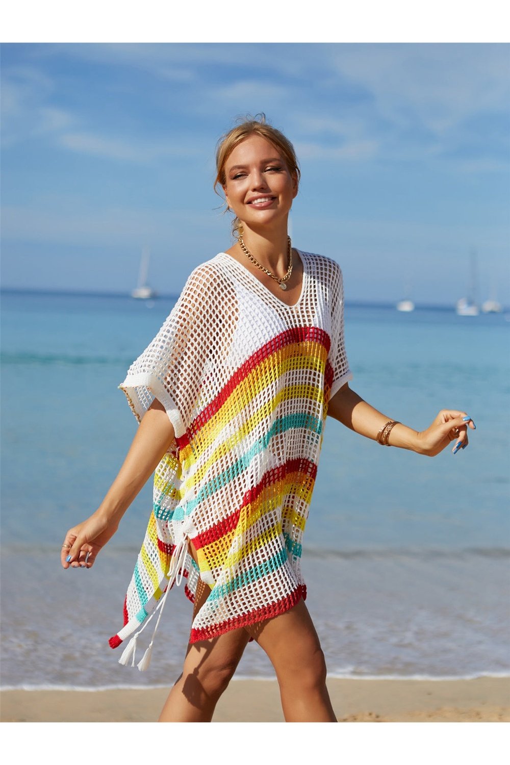 Cutout Striped Cover-Up with Tassel - Cover-Ups - FITGGINS