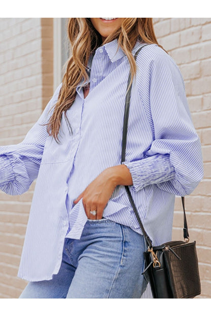 Striped Collared Neck Lantern Sleeve Shirt - Shirts - FITGGINS