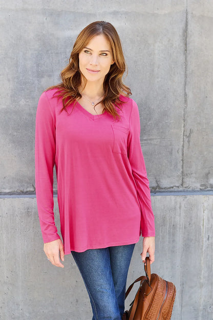Basic Bae Full Size V-Neck Long Sleeve Top Hot Pink Fitggins