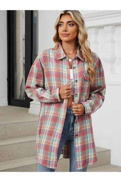 Plaid Collared Neck Long Sleeve Shirt - Shirts - FITGGINS