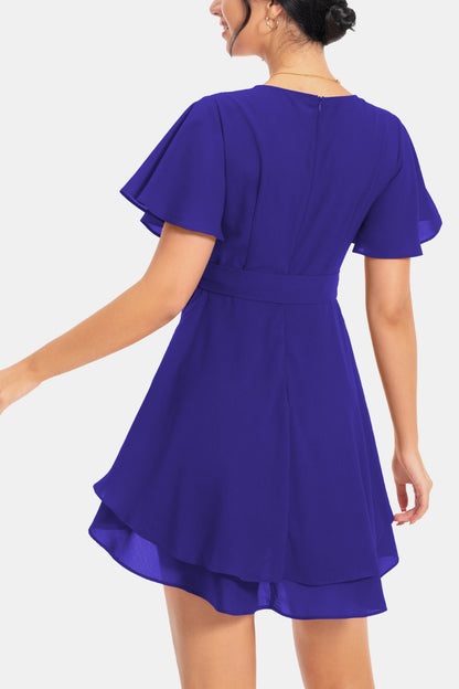 Surplice Neck Flutter Sleeve Dress - Casual & Maxi Dresses - FITGGINS