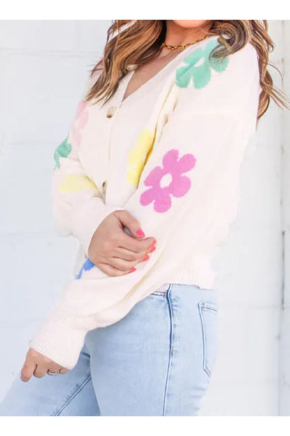 Plus Size Flower Button Up Long Sleeve Cardigan - Cardigans - FITGGINS