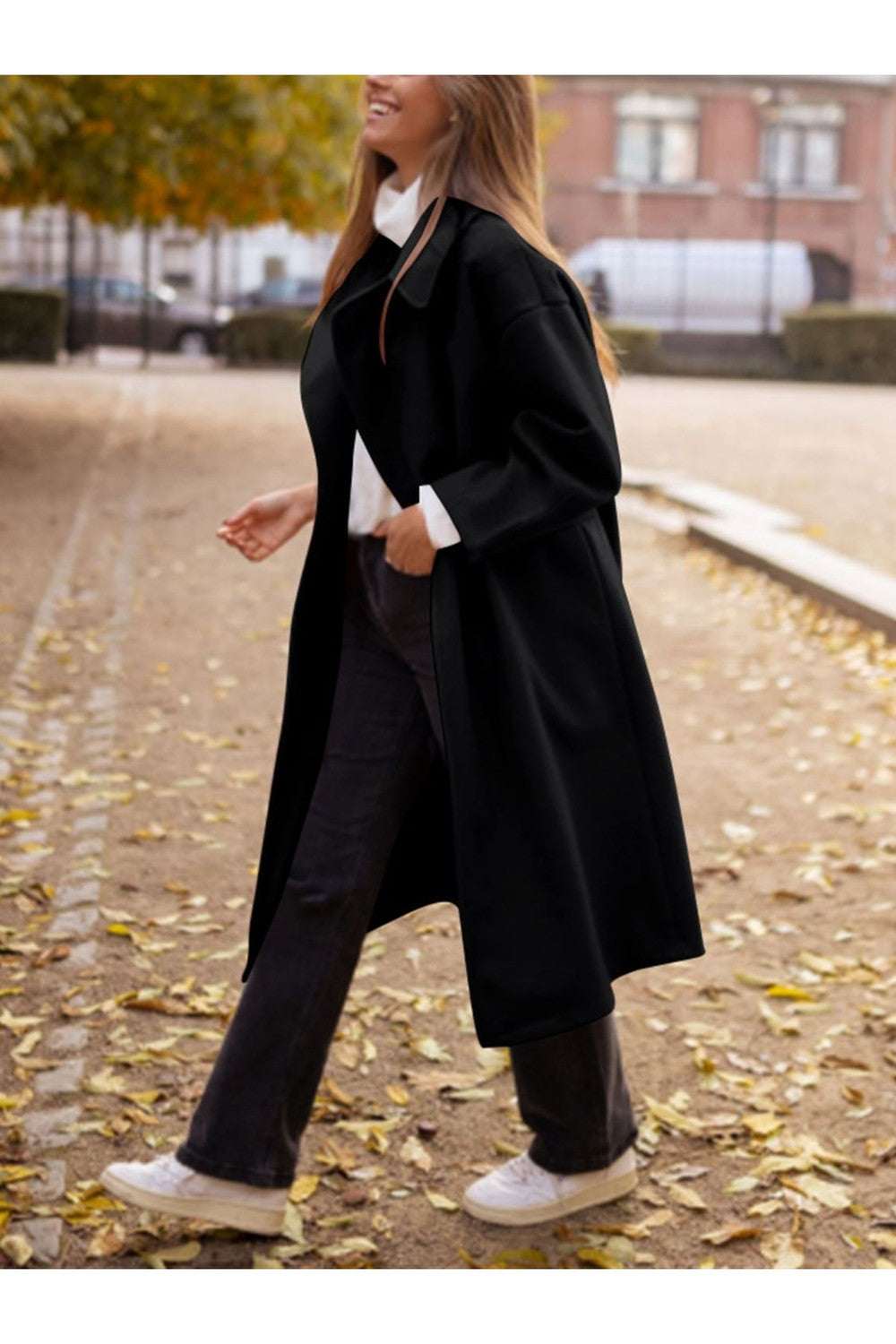 Pocketed Collared Neck Long Sleeve Coat - Jackets - FITGGINS