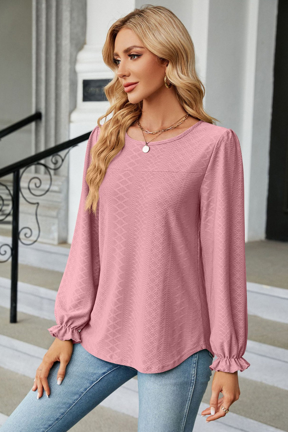 Round Neck Flounce Sleeve Blouse Fitggins