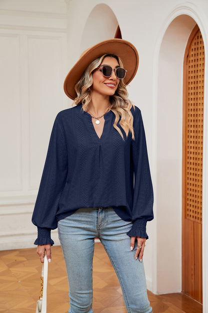 Notched Neck Flounce Sleeve Blouse Fitggins