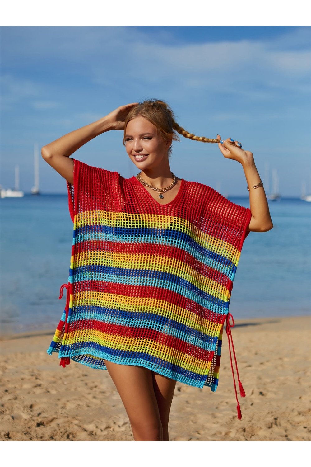 Cutout Striped Cover-Up with Tassel - Cover-Ups - FITGGINS