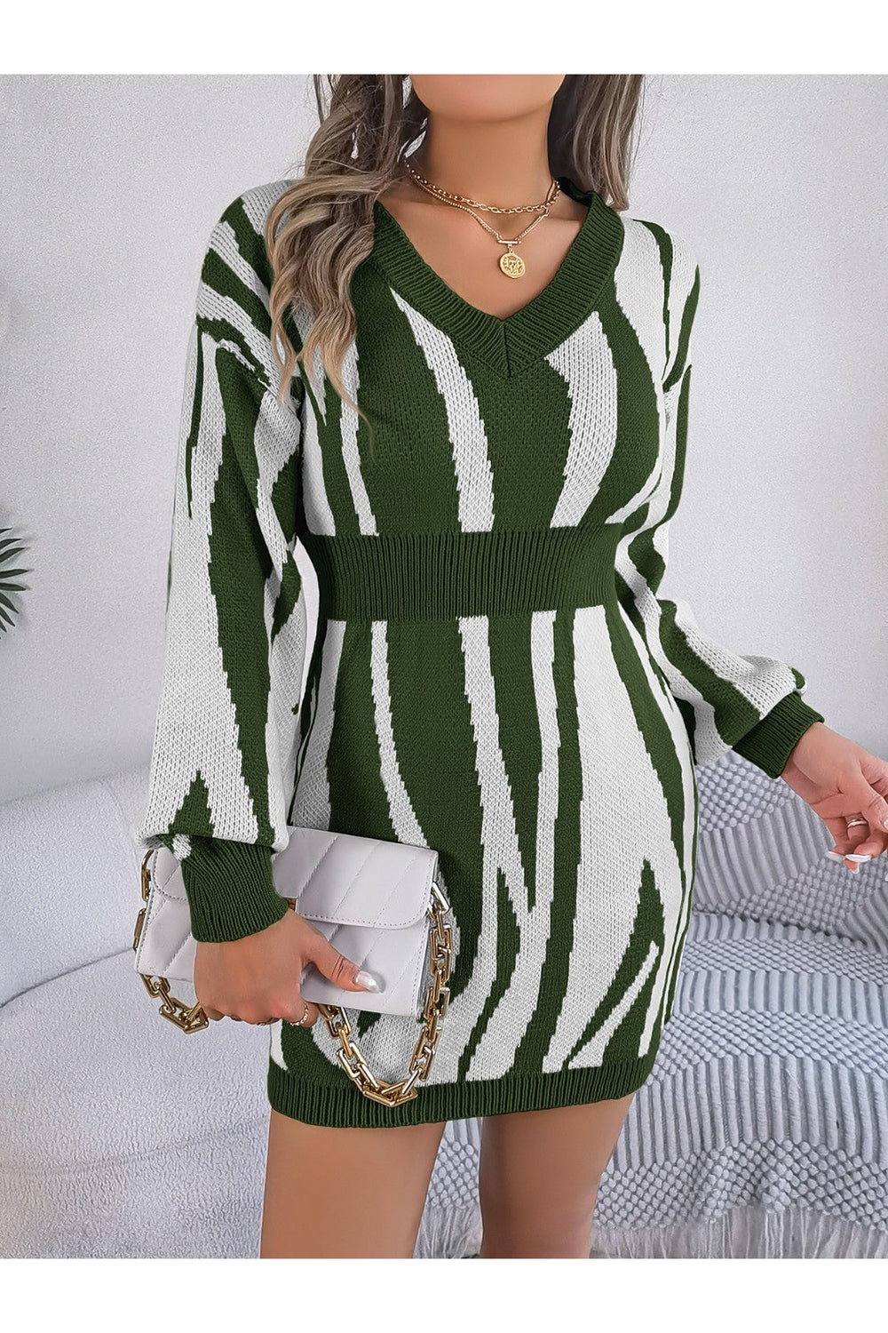 Animal Print V-Neck Long Sleeve Sweater Dress - Sweater Dresses - FITGGINS