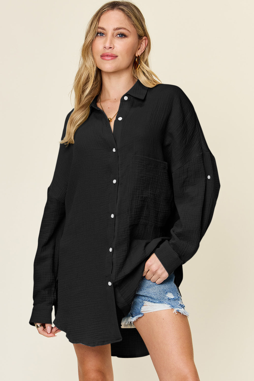 Double Take Full Size Pocketed Texture Button Up Shirt - Shirts - FITGGINS