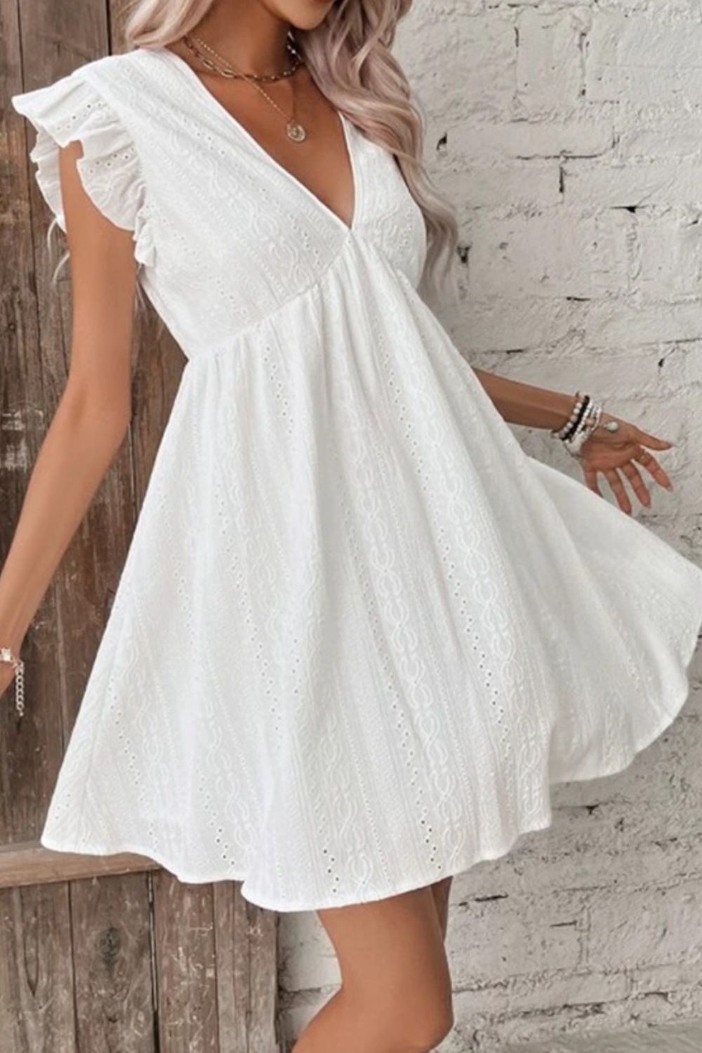 Eyelet Ruffled Cap Sleeve Mini Dress - Casual & Maxi Dresses - FITGGINS