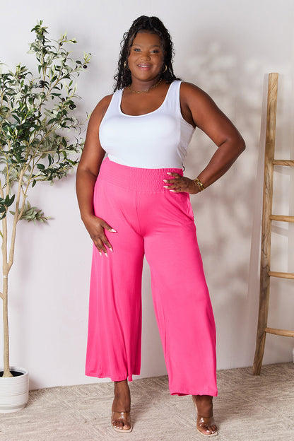 Double Take Full Size Smocked Wide Waistband Wide Leg Pants - Pants - FITGGINS