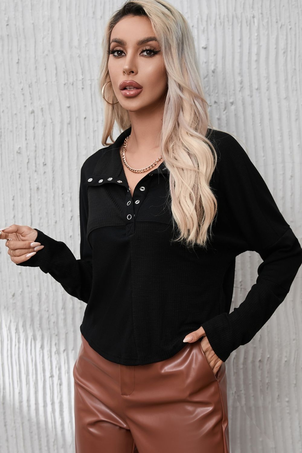 Ribbed Knit Henry Collar Loose Fitting Long Sleeve Top - Blouses - FITGGINS