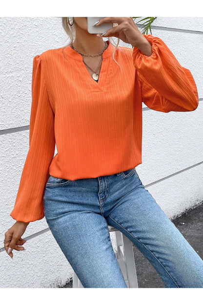 Notched Balloon Sleeve Blouse - Blouses - FITGGINS