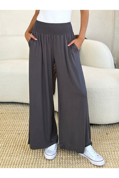 Double Take Full Size Smocked Wide Waistband Wide Leg Pants - Pants - FITGGINS