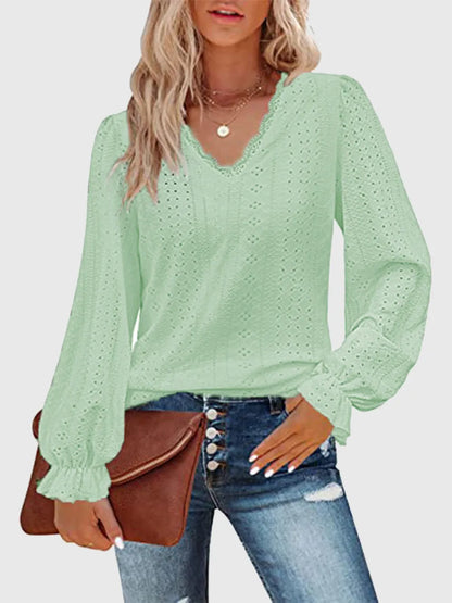Eyelet V-Neck Flounce Sleeve Blouse Fitggins