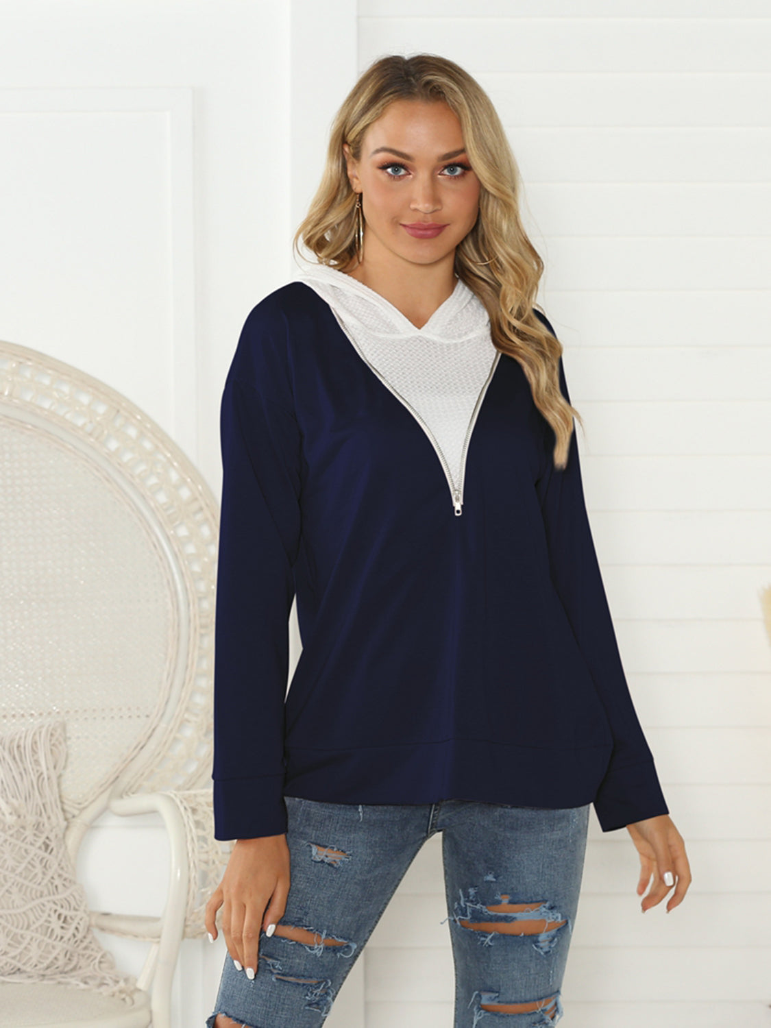 Shiny Contrast Zip Detail Hoodie Dark Blue Fitggins