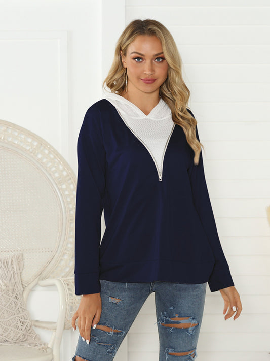 Shiny Contrast Zip Detail Hoodie Dark Blue Fitggins