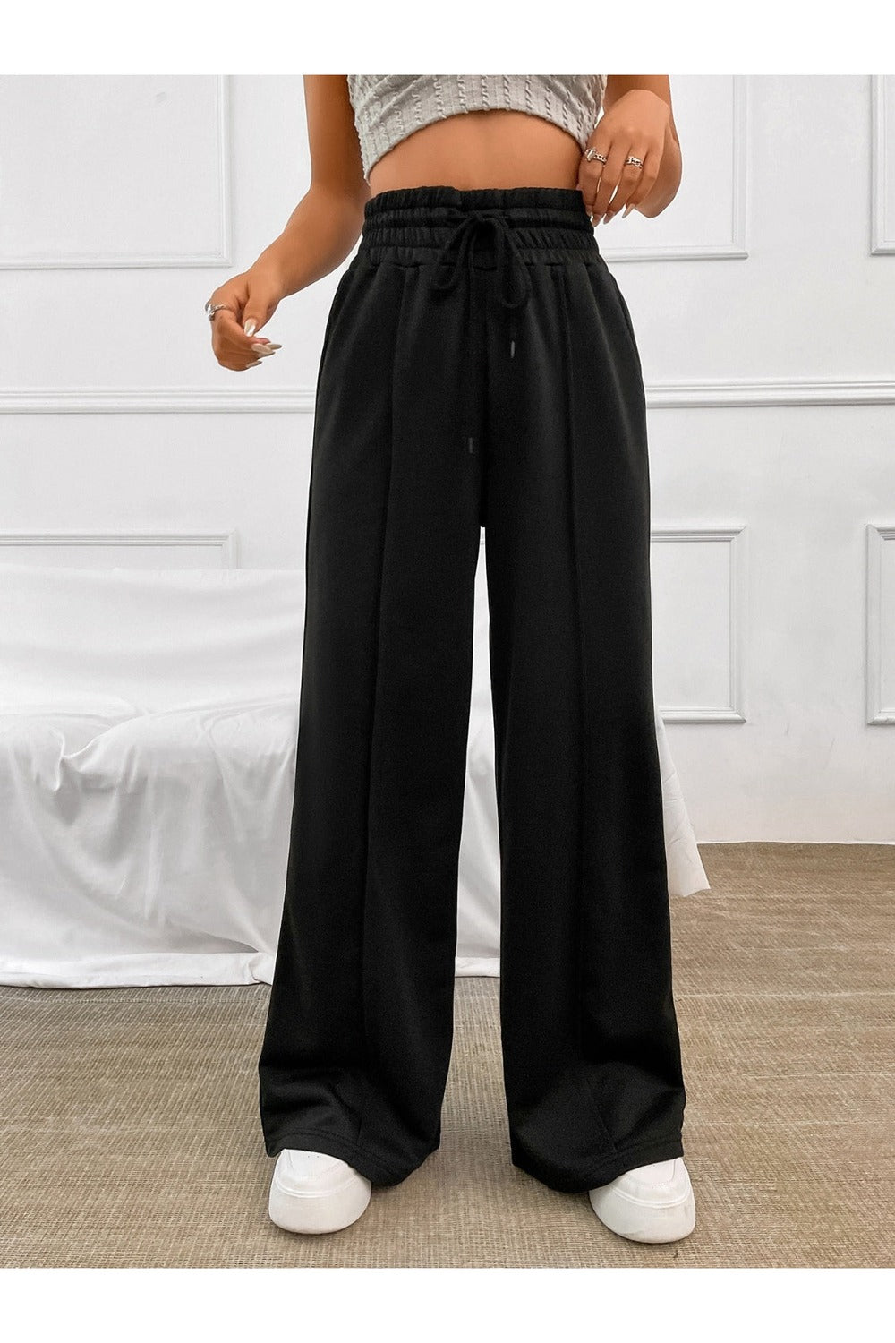 Honey Drawstring Elastic Waist Wide Leg Pants - Pants - FITGGINS