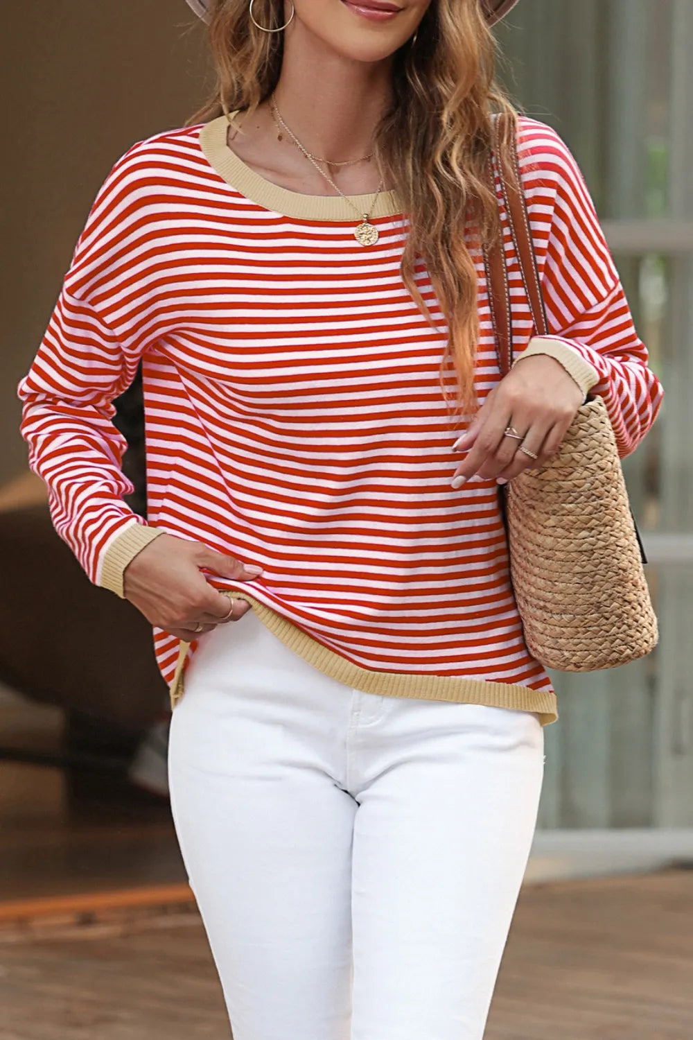 Striped Round Neck Drop Shoulder T-Shirt Fitggins