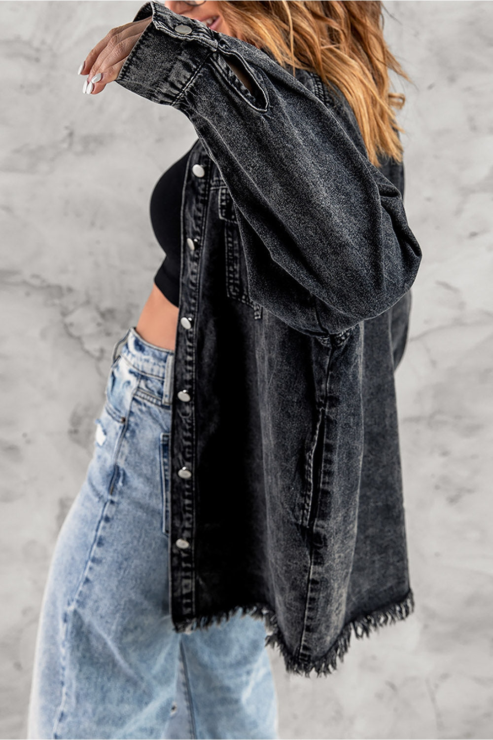 Button Up Pocketed Raw Hem Denim Jacket - Denim Jackets - FITGGINS