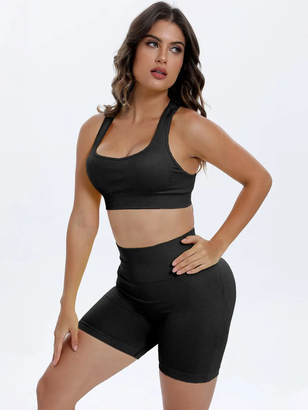 Scoop Neck Wide Strap Top and Shorts Active Set Black Fitggins