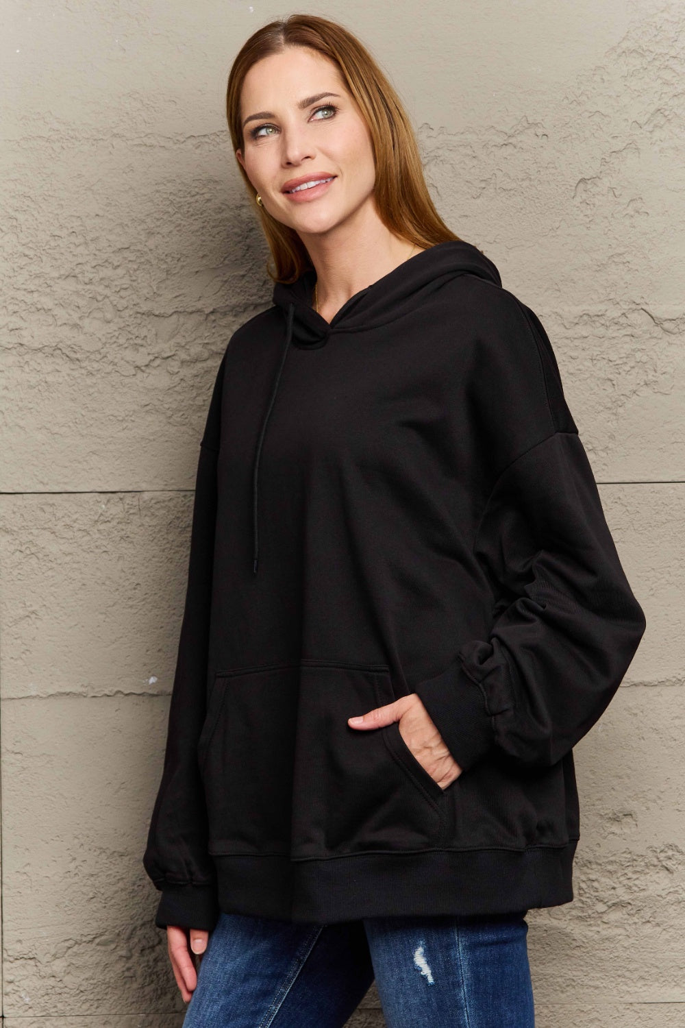 Full Size Long Sleeve Dropped Shoulder Hoodie - Sweatshirts & Hoodies - FITGGINS