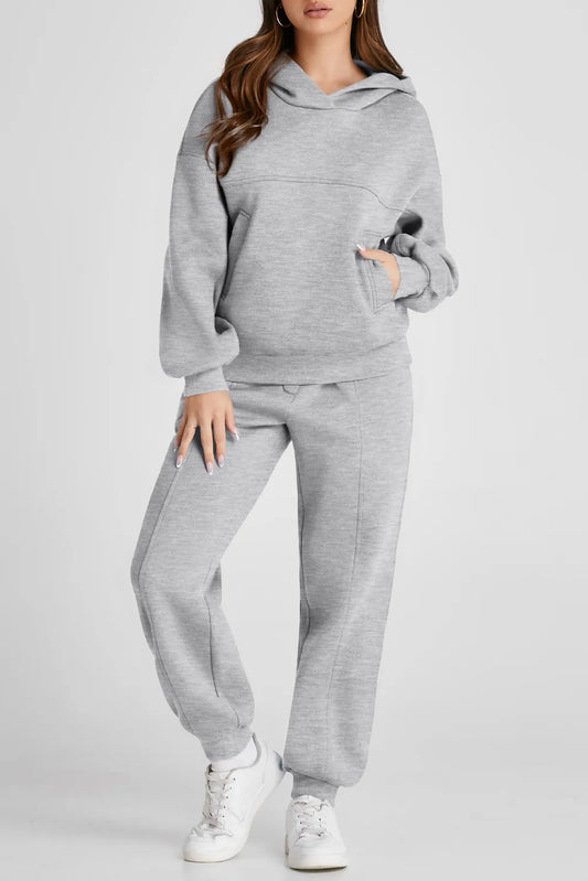 Dropped Shoulder Long Sleeve Hoodie and Pants Active Set Gray Fitggins