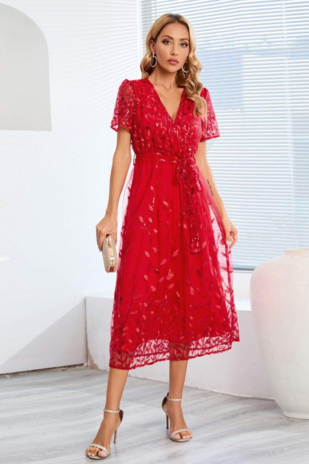 Sequin Leaf Embroidery Tie Front Short Sleeve Dress - Cocktail Dresses - FITGGINS