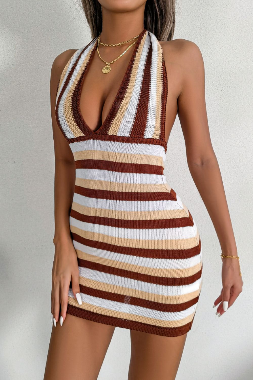 Striped Halter Neck Backless Knit Mini Dress - Sweater Dresses - FITGGINS