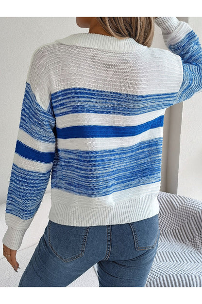 Striped Collared Neck Long Sleeve Sweater - Pullover Sweaters - FITGGINS