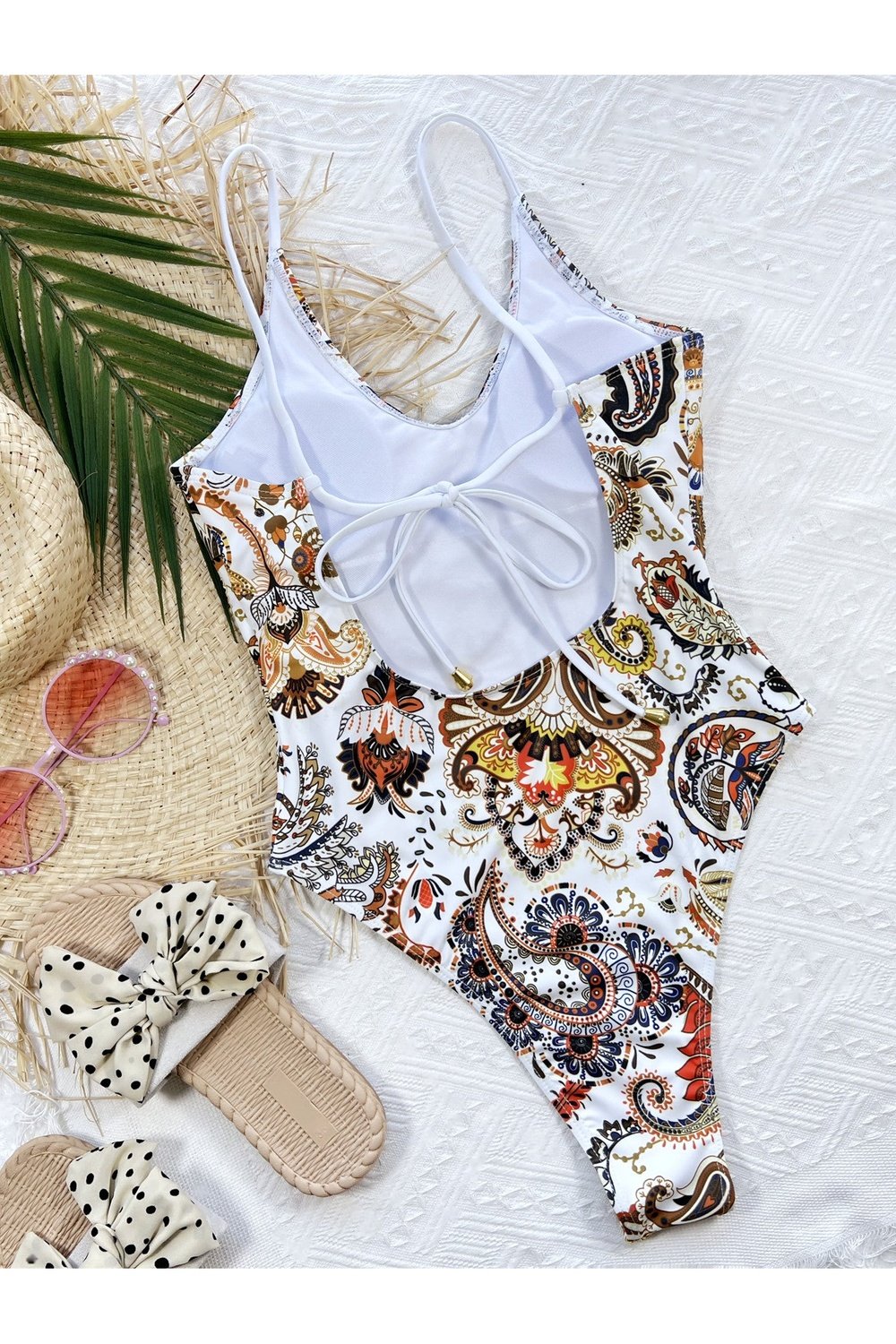 Printed Tie Back Scoop Neck One-Piece Swimsuit - Swimwear One-Pieces - FITGGINS