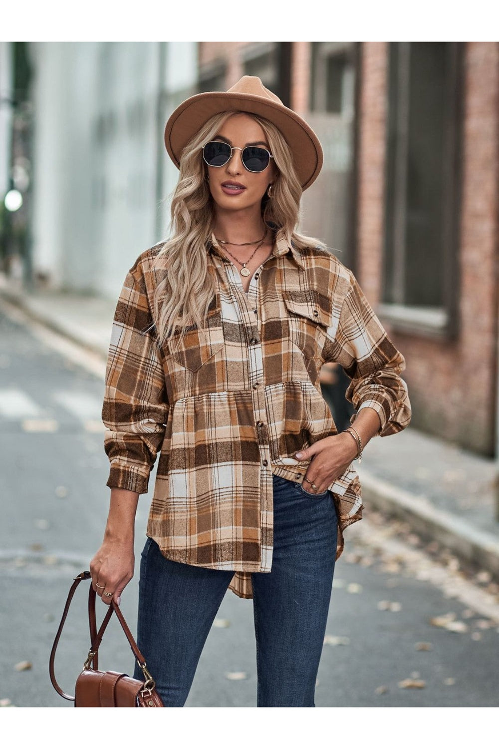 Plaid Button Up Dropped Shoulder Shirt - Shirts - FITGGINS