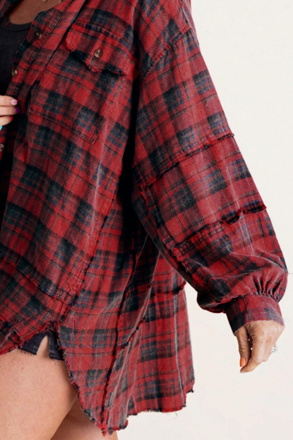 Exposed Seam Plaid Collared Neck Long Sleeve Shirt - Shirts - FITGGINS