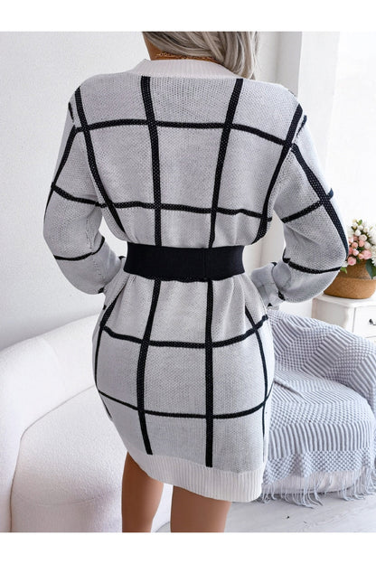 Plaid Round Neck Dropped Shoulder Sweater Dress - Sweater Dresses - FITGGINS