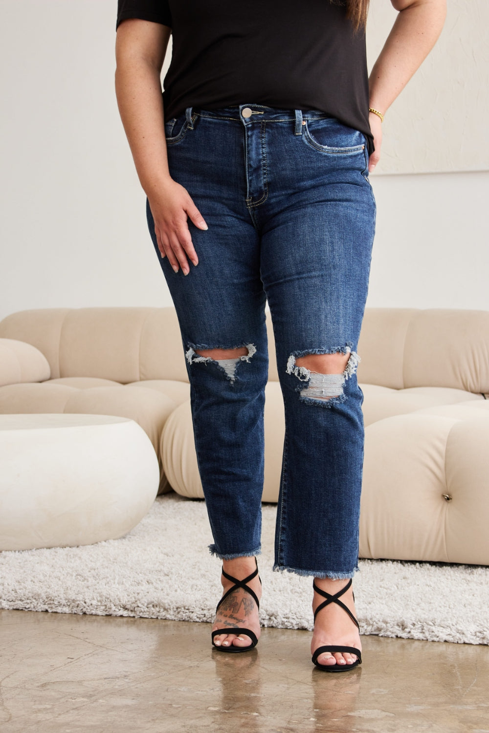 RFM Crop Dylan Full Size Tummy Control Distressed High Waist Raw Hem Jeans - Jeans - FITGGINS