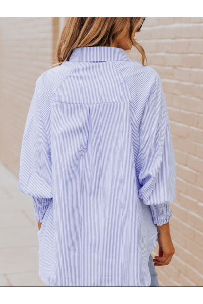 Striped Collared Neck Lantern Sleeve Shirt - Shirts - FITGGINS